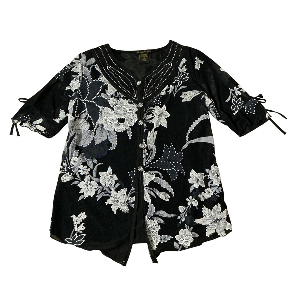Design Works Floral Rhinestone Blouse Womens Small Black White Y2K Sheer Layered